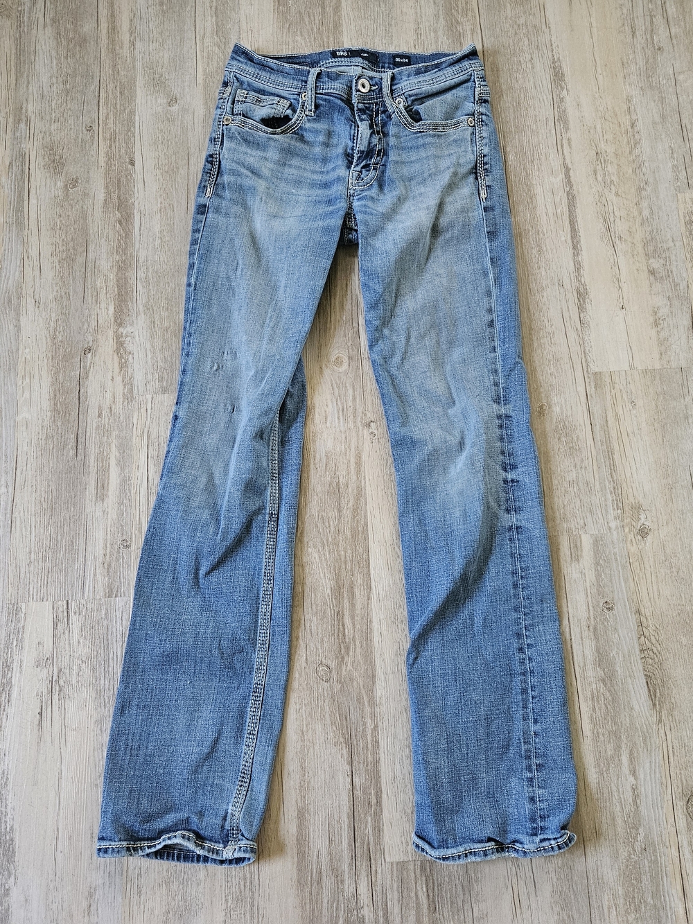 BKE Men's Jake Straight Leg Light Blue Distressed Thick Stitch Denim Jeans 30x34